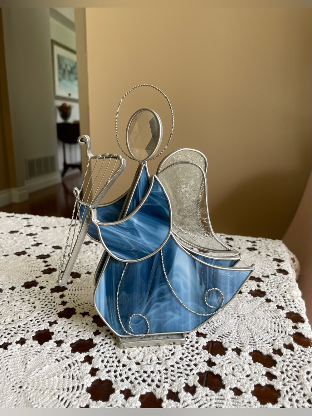Vintage Stained Glass Angel Playing Harp